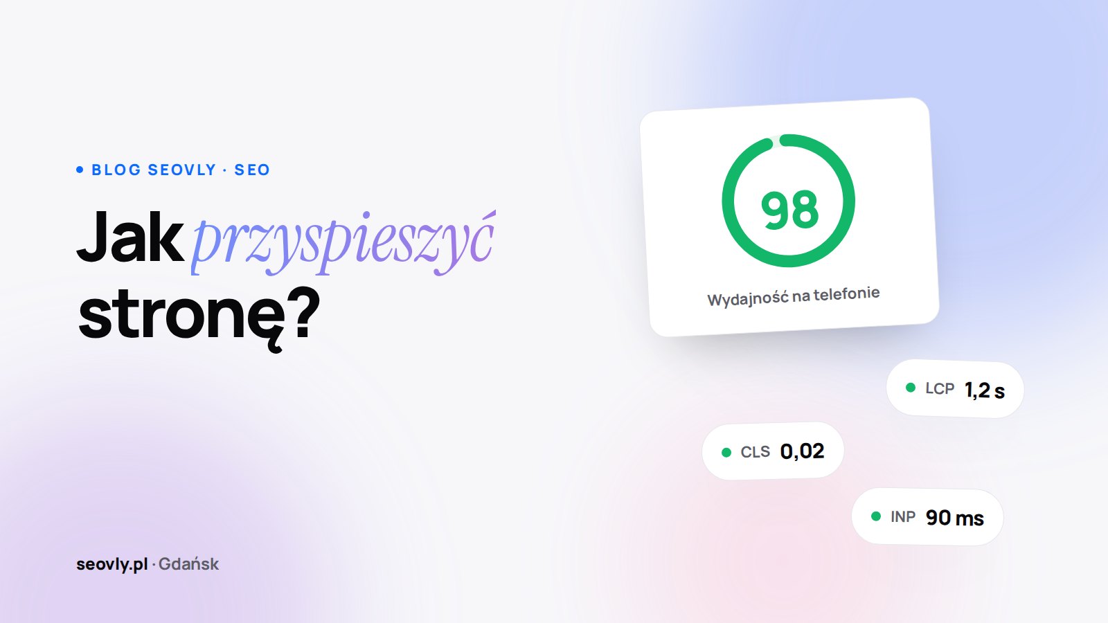 Jak przyspieszyć stronę: wynik 98 w PageSpeed Insights na telefonie, LCP 1,2 s, CLS 0,02 i INP 90 ms