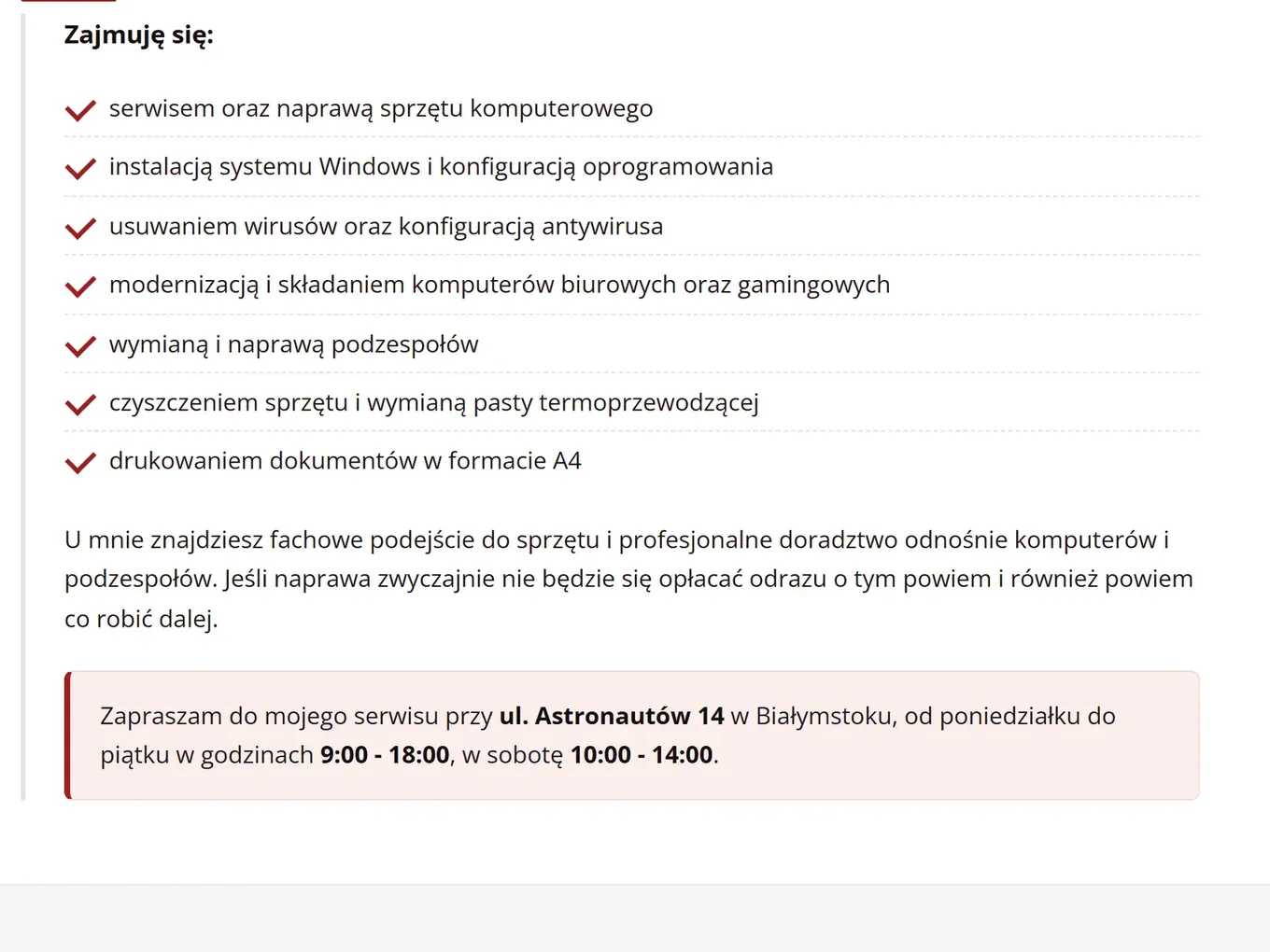 AstroKom - lista usług serwisu z adresem warsztatu