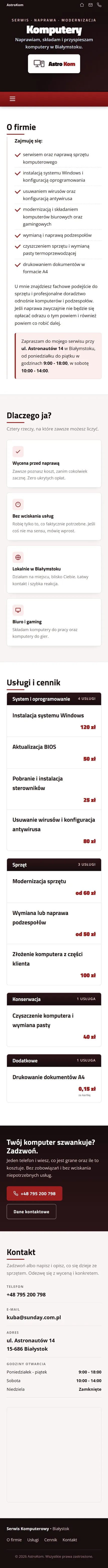 AstroKom - widok strony na telefonie