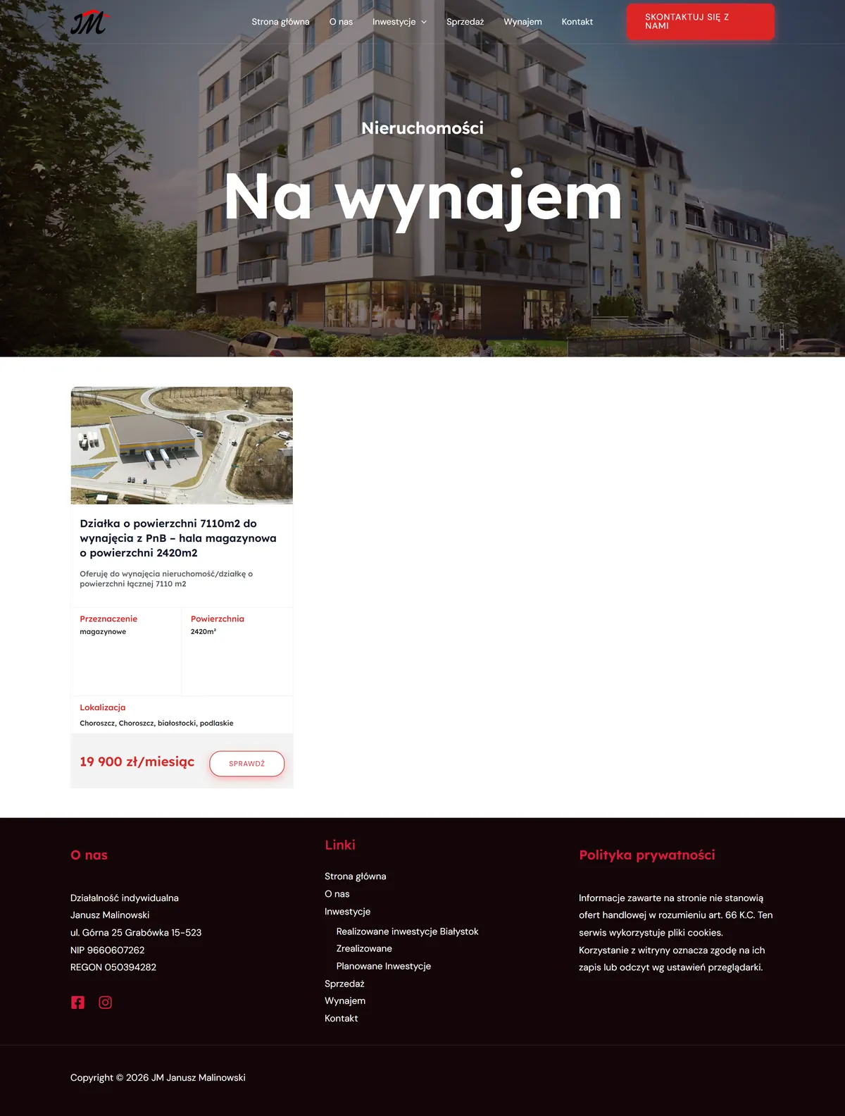 JM Janusz Malinowski - podstrona ofert wynajmu