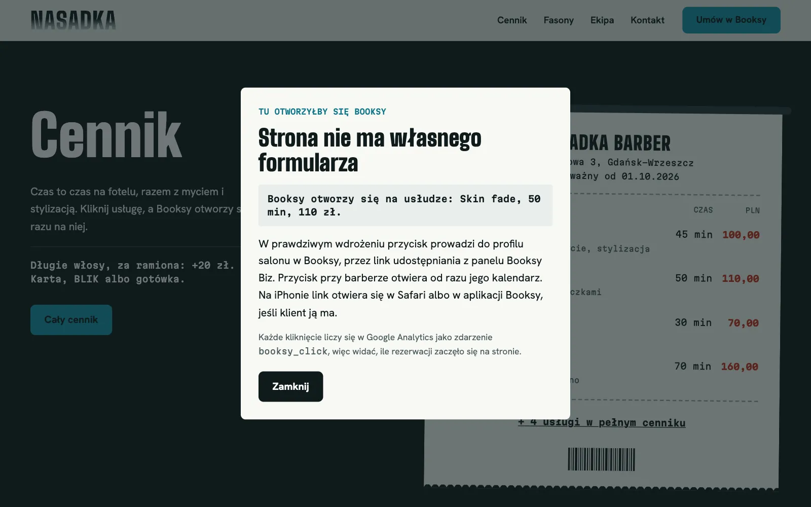 Okno z wyjaśnieniem: Tu otworzyłby się Booksy, Booksy otworzy się na usłudze Skin fade, 50 minut, 110 zł