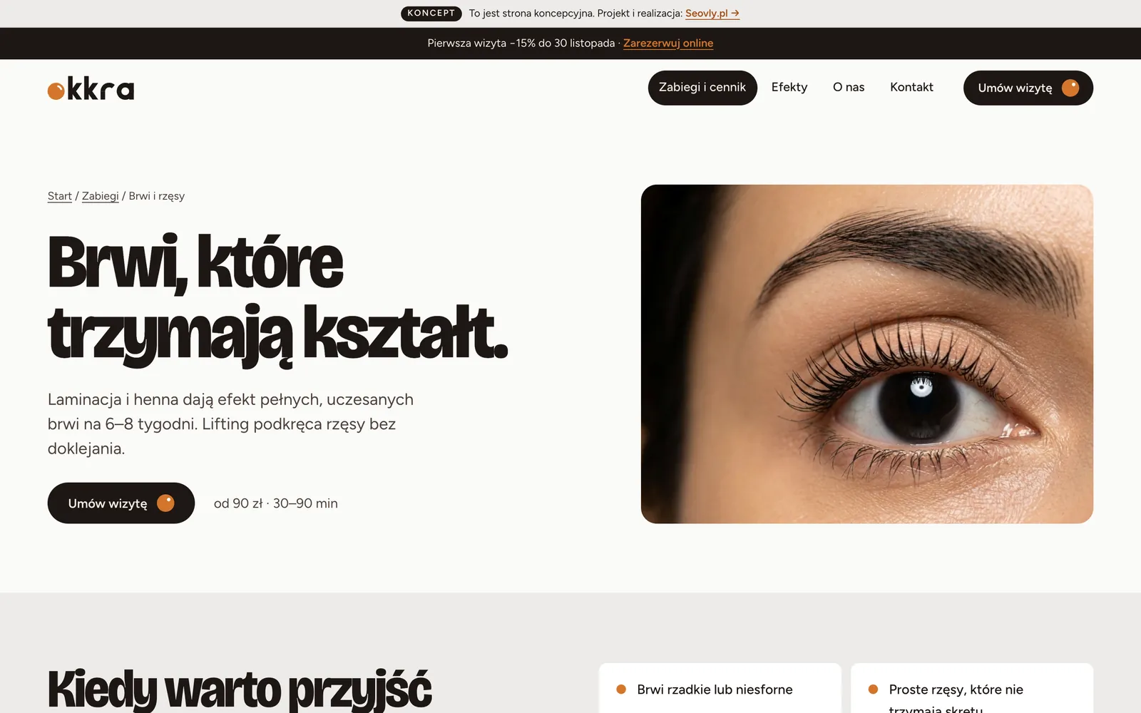 Podstrona zabiegu Brwi i rzęsy z nagłówkiem Brwi, które trzymają kształt, ceną od 90 zł i czasem 30-90 minut