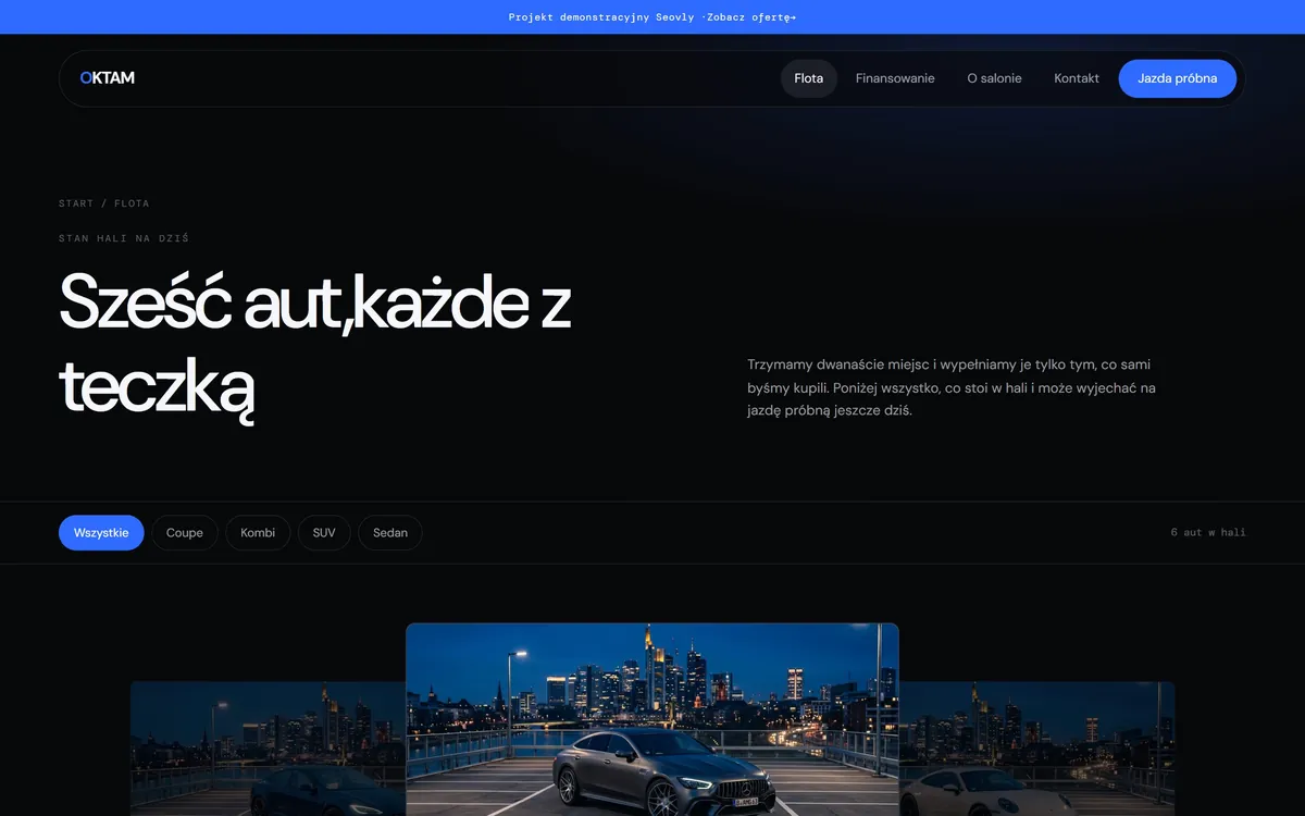 OKTAM - podstrona z listą aut dostępnych w hali