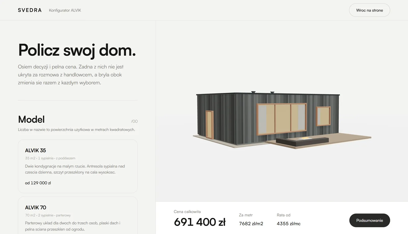 Konfigurator ALVIK, ekran wyboru modelu z kartami ALVIK 35 i ALVIK 70 oraz bryłą domu w 3D